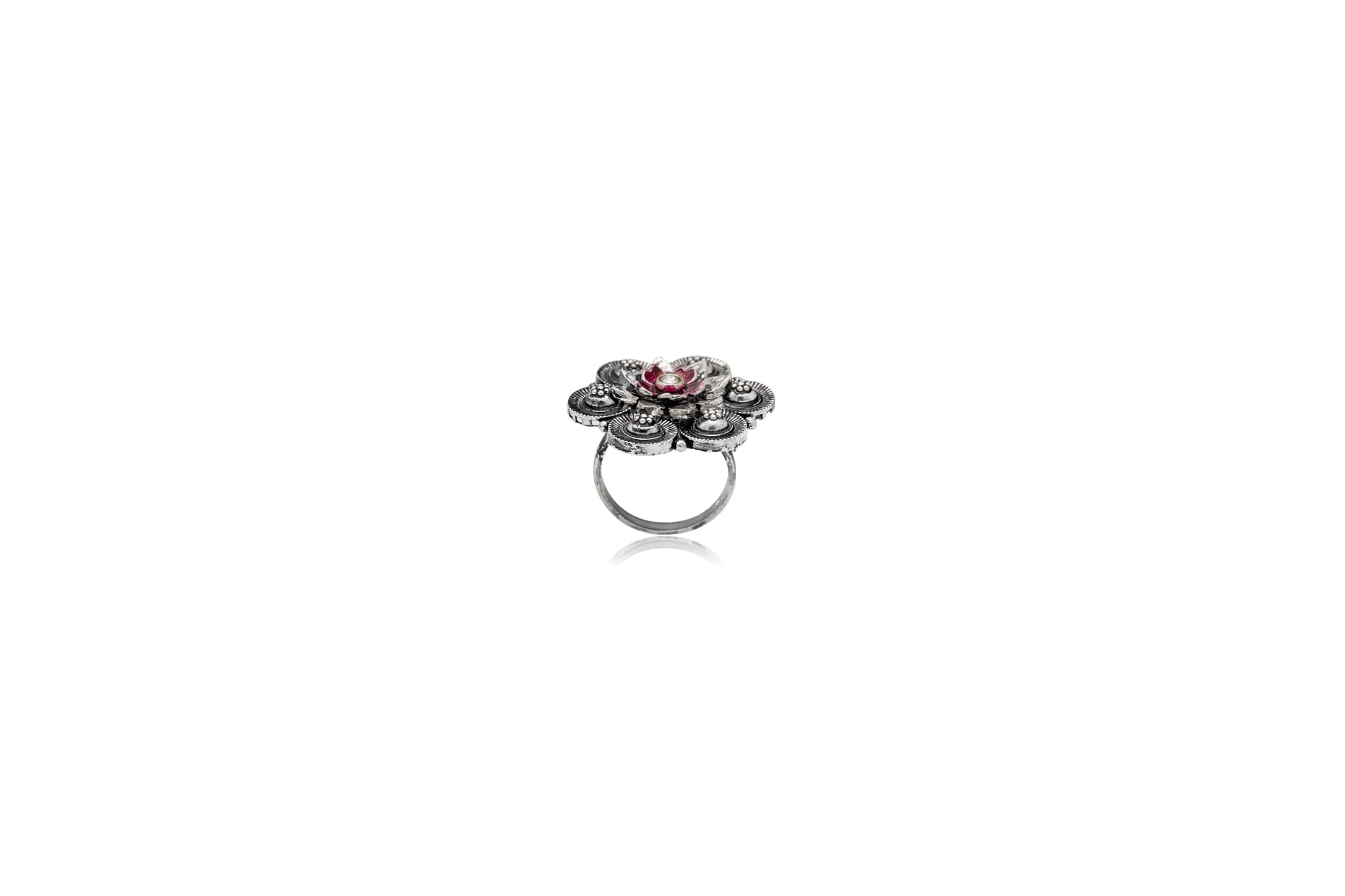 PINK PETAL CHARM SILVER RING