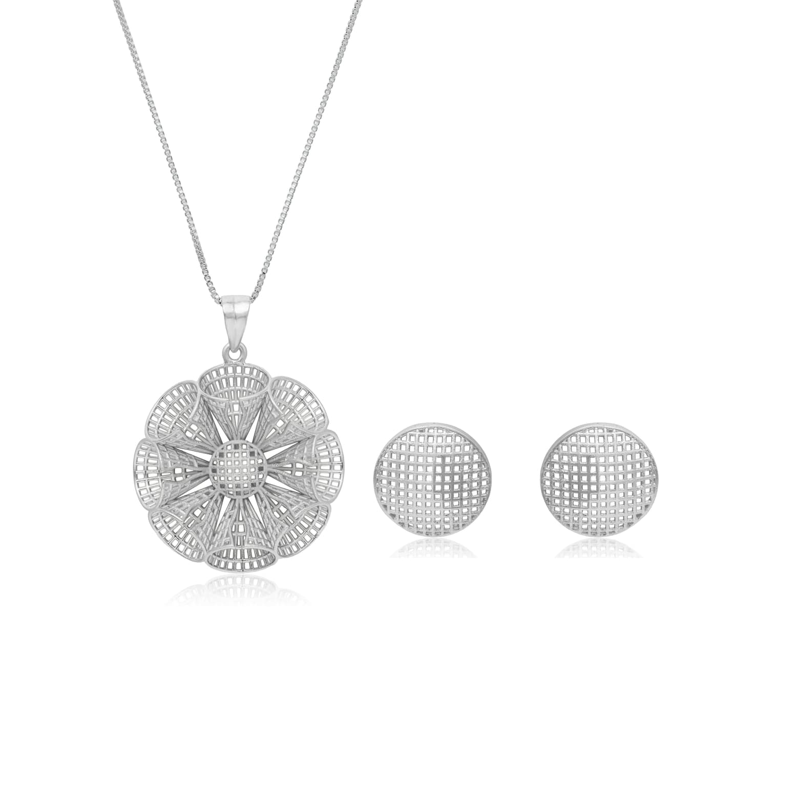 SILVER LATTICE CONE FLORAL PENDANT SET